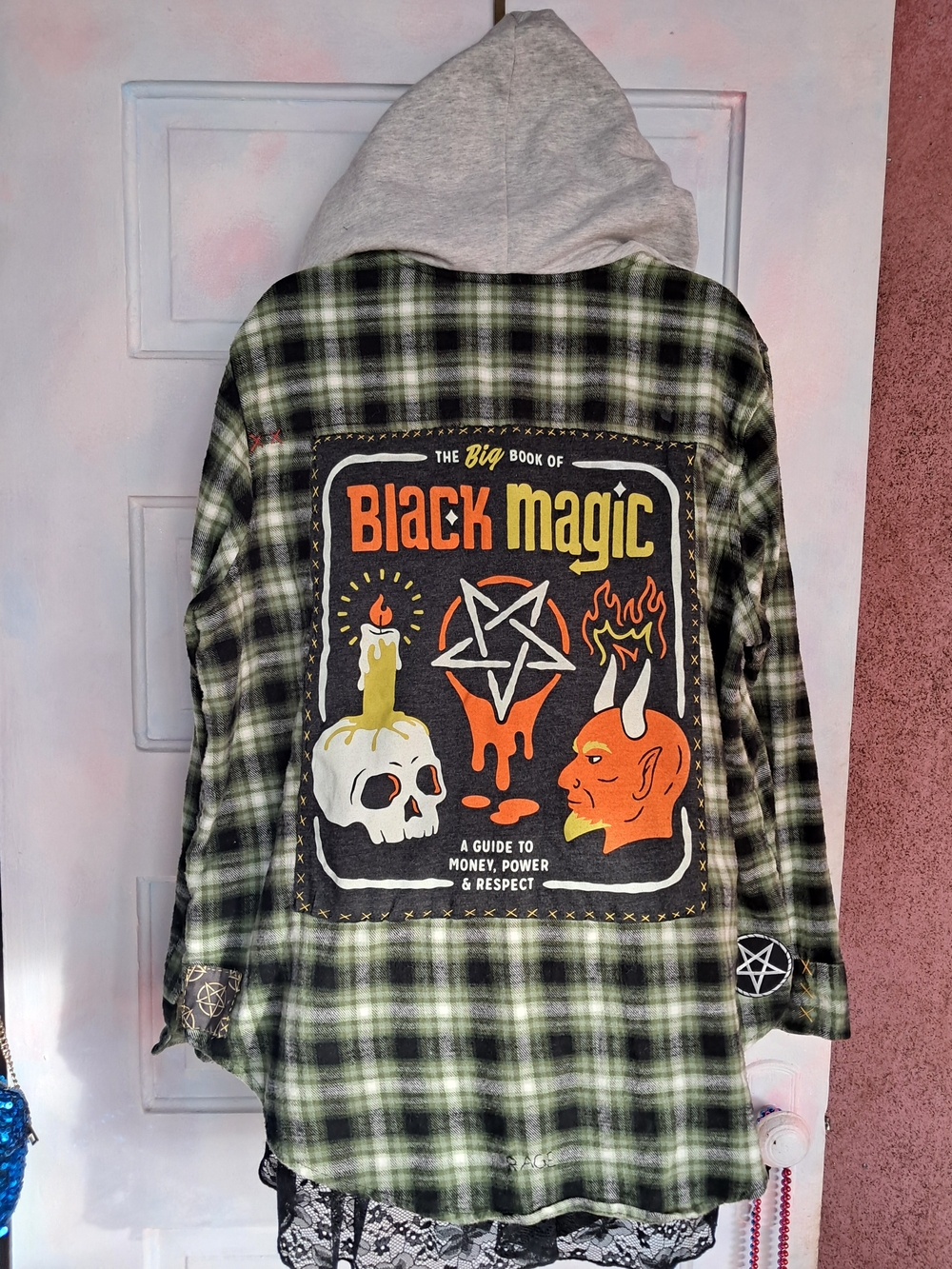Hot Topic Green and Gray Plaid Button Down Shirt with Black Magic Graphic
